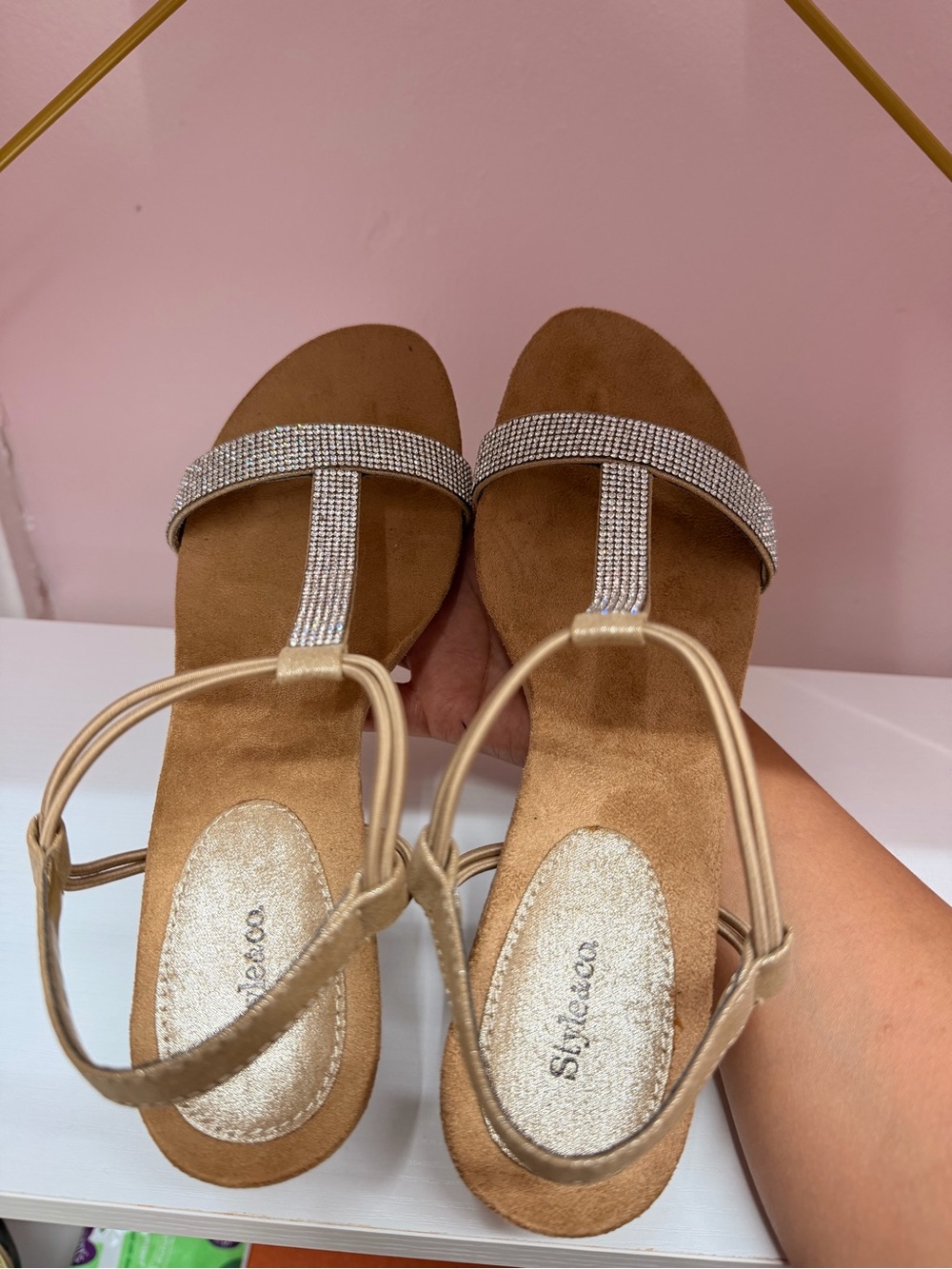 Style & Co. Tan Sandals with Rhinestone T-Strap